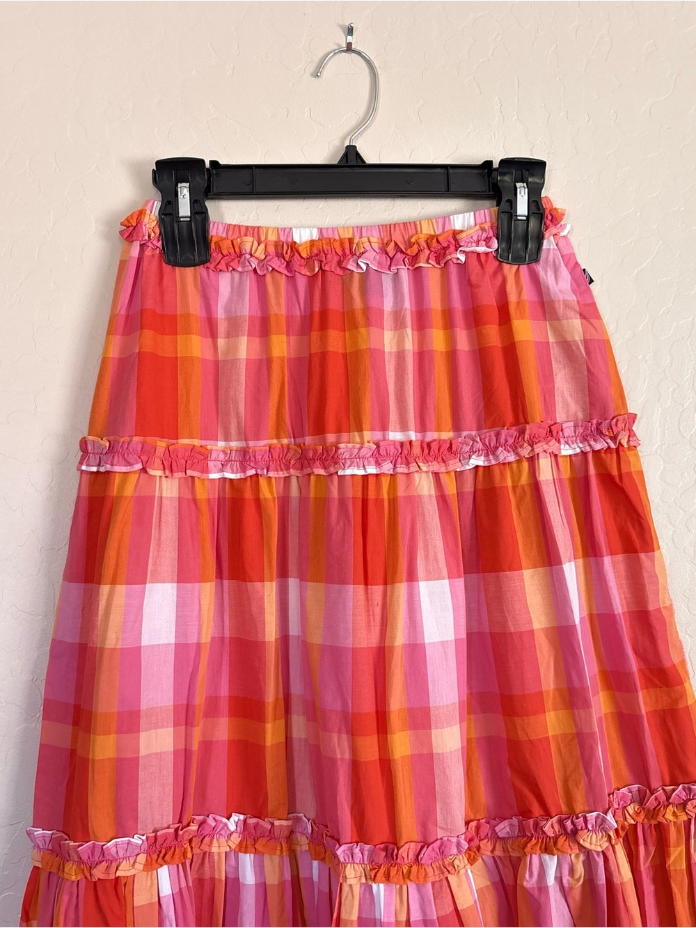 Nautica Women’s Cotton Plaid Ruffle Trim Tiered Maxi Skirt Pink Orange XS NWT - Picture 3 of 7